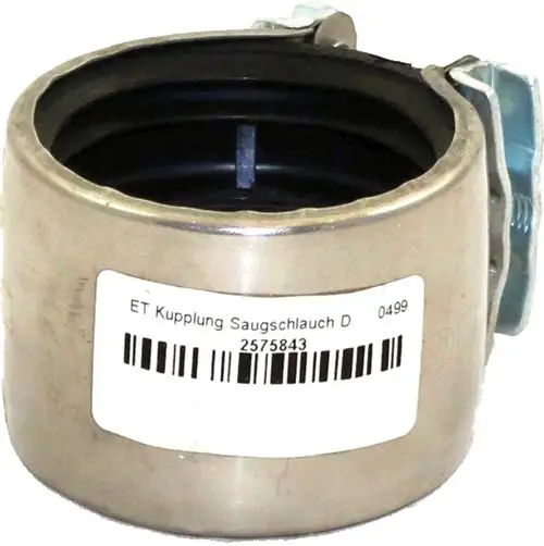 Kupplung aus Metall mit schwarzem Innenring, befestigt mit einer Klemme. Eignet sich zur Verbindung von Saugschläuchen. Produkt von Wolf für spezifische Anwendungen.